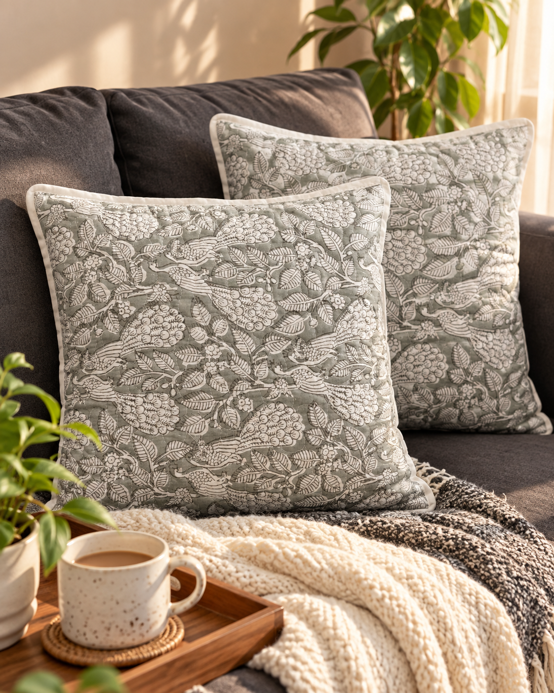 Surkhi Jaipur Floral Bird Print Cotton Cushion Cover – Sage Grey