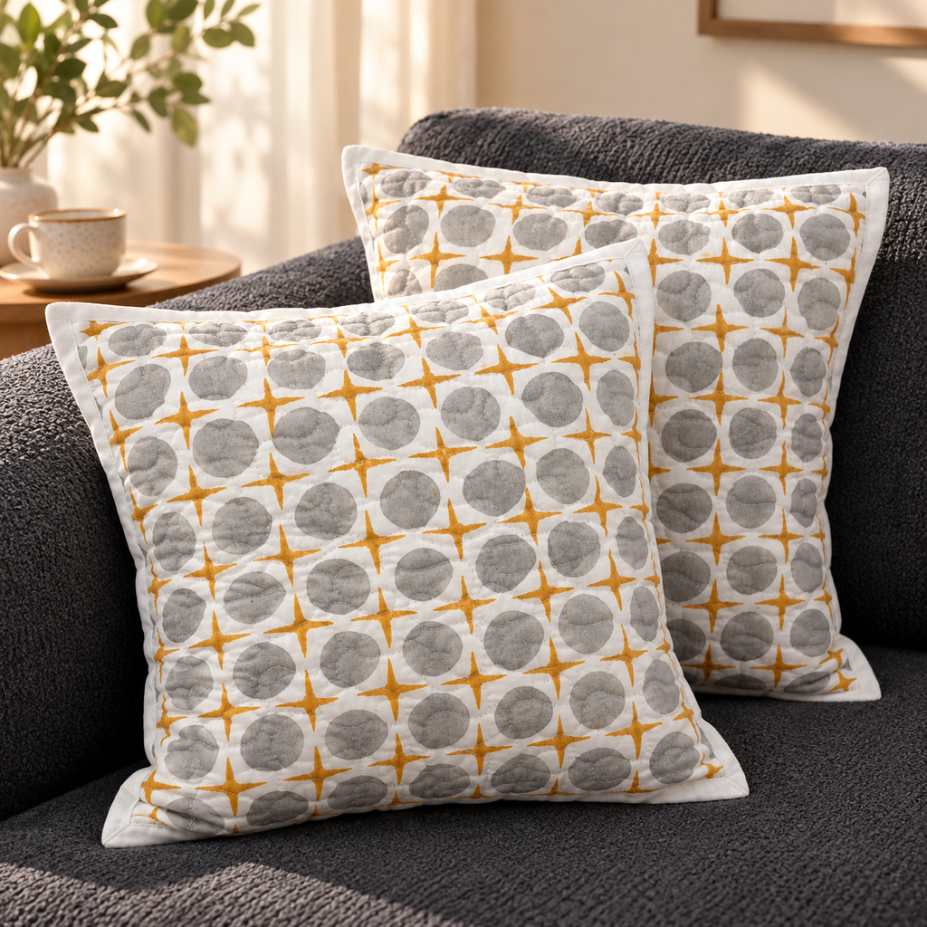 Surkhi Jaipur Hand Block Print Cotton Cushion Cover – Mustard Grey Geometric, Set of 2