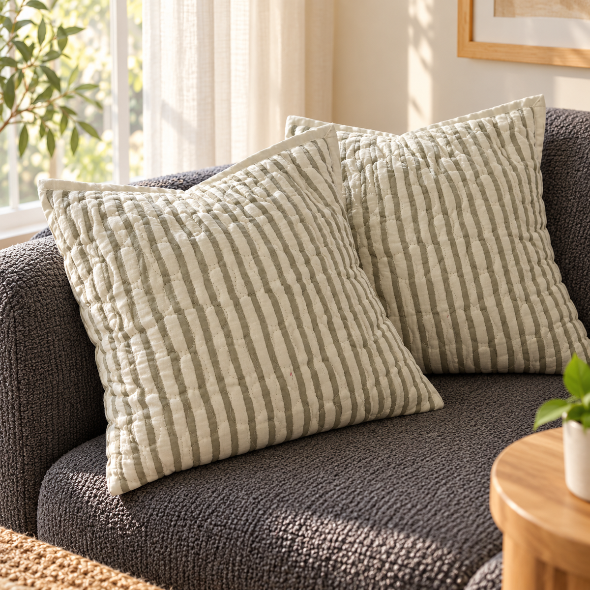 Surkhi Jaipur Hand Block Print Cotton Cushion Cover – Grey Ivory Stripe, Set of 2
