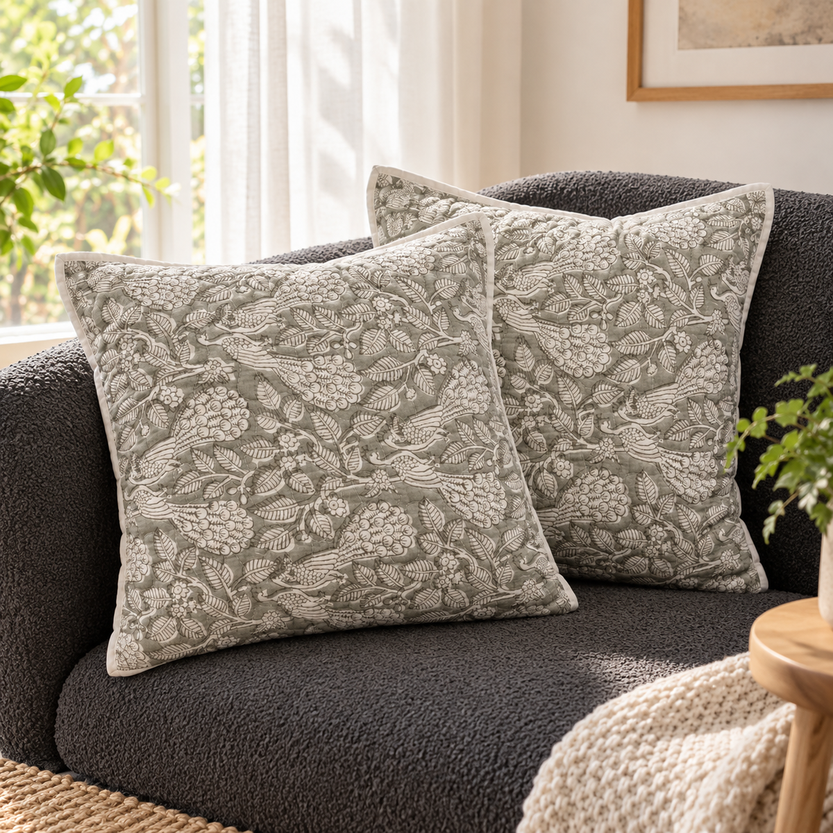 Surkhi Jaipur Floral Bird Print Cotton Cushion Cover – Sage Grey