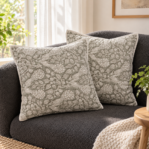 Surkhi Jaipur Floral Bird Print Cotton Cushion Cover – Sage Grey