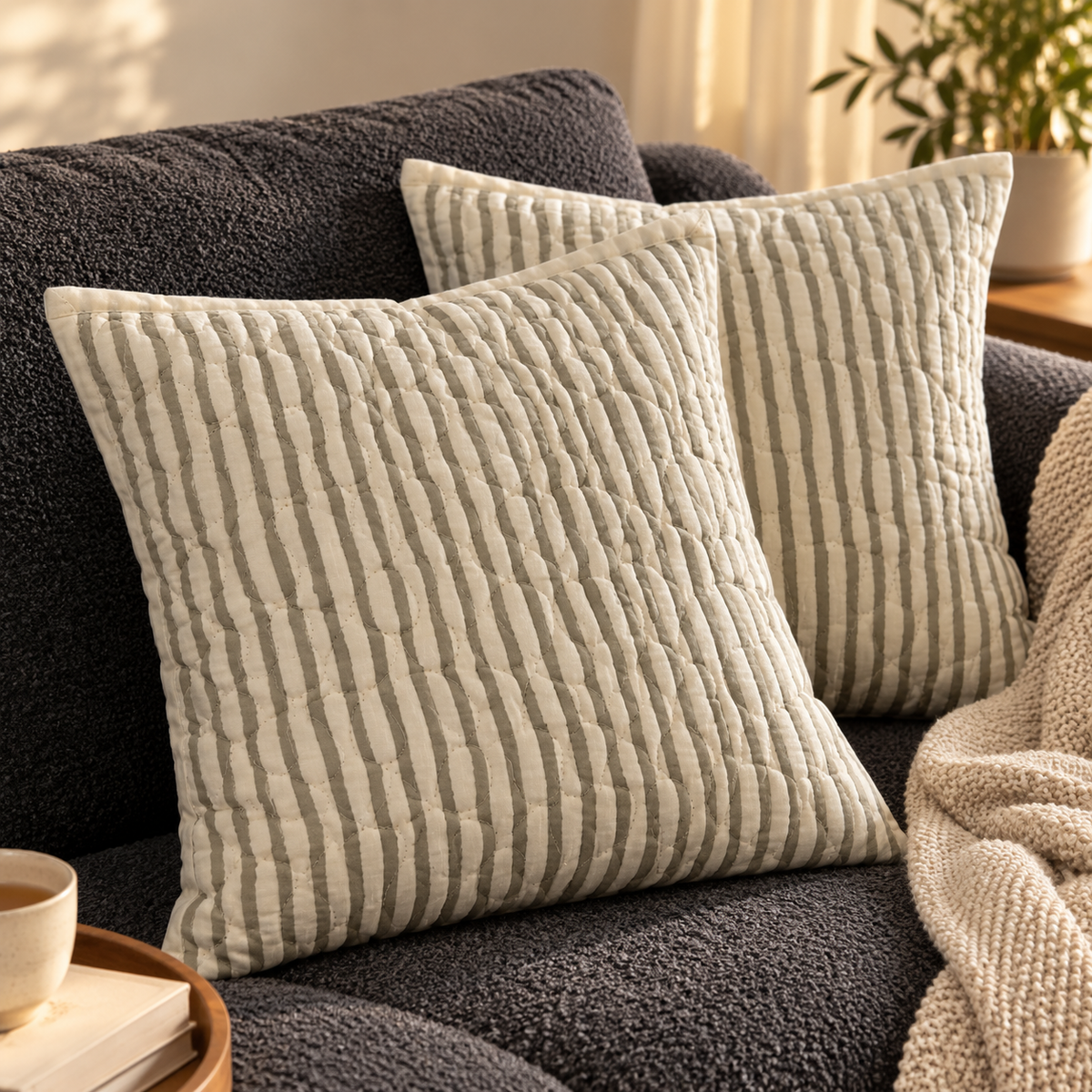 Surkhi Jaipur Hand Block Print Cotton Cushion Cover – Grey Ivory Stripe, Set of 2