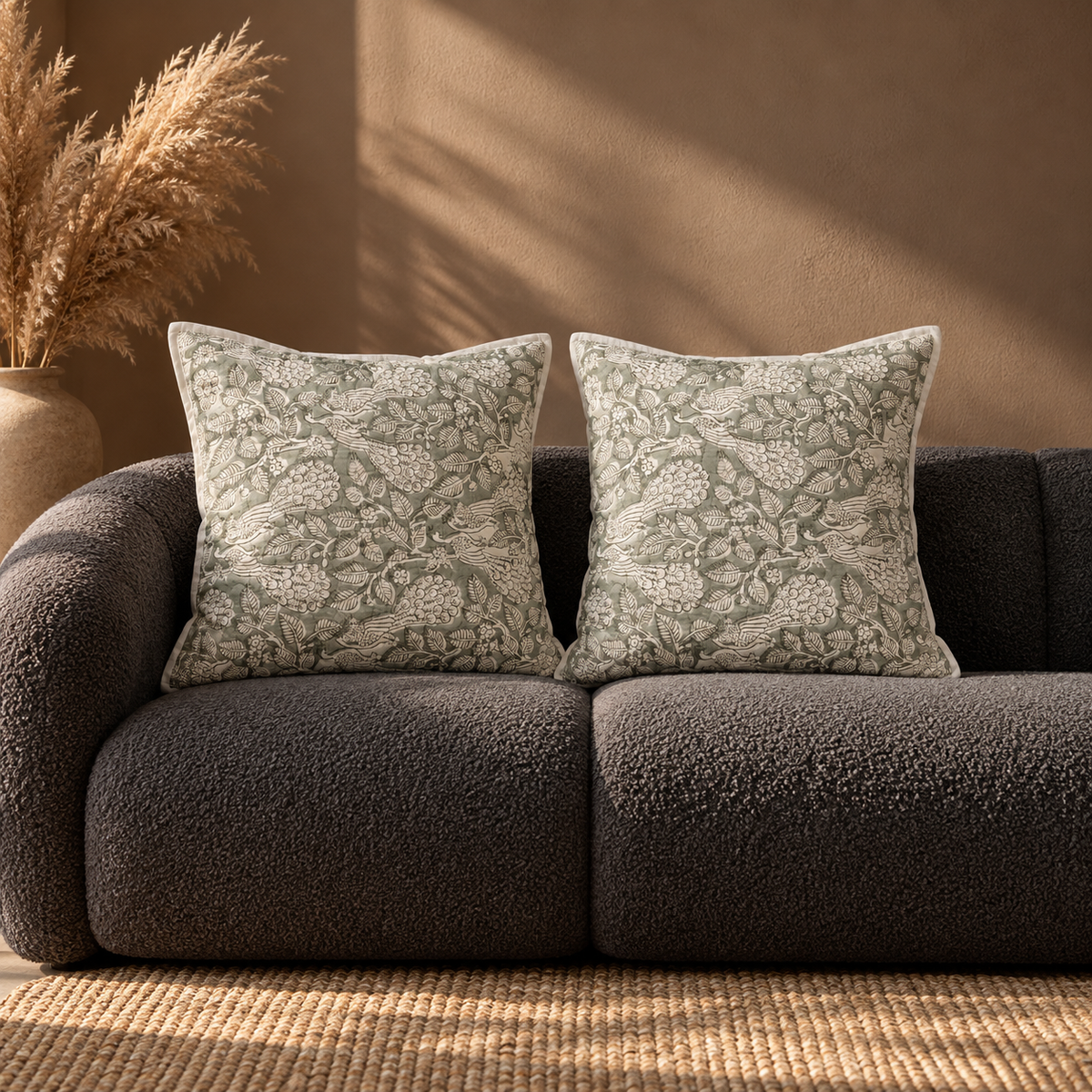 Surkhi Jaipur Floral Bird Print Cotton Cushion Cover – Sage Grey
