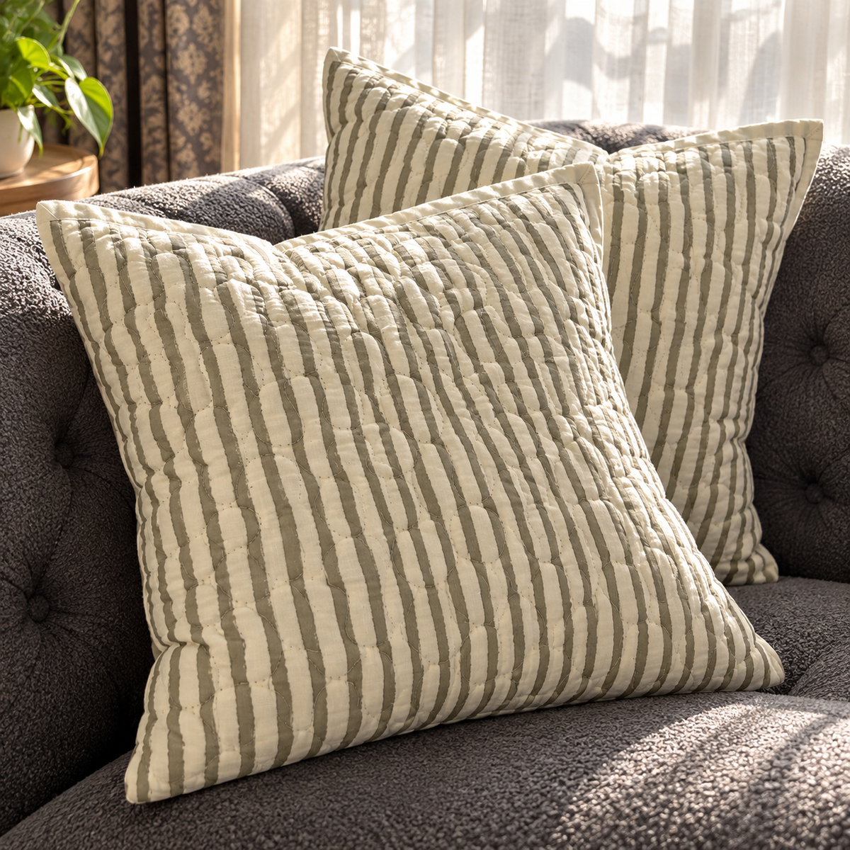 Surkhi Jaipur Hand Block Print Cotton Cushion Cover – Grey Ivory Stripe, Set of 2