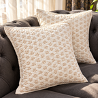 Surkhi Jaipur Hand Block Printed Cotton Cushion Cover – Ivory Beige Floral, Set of 2