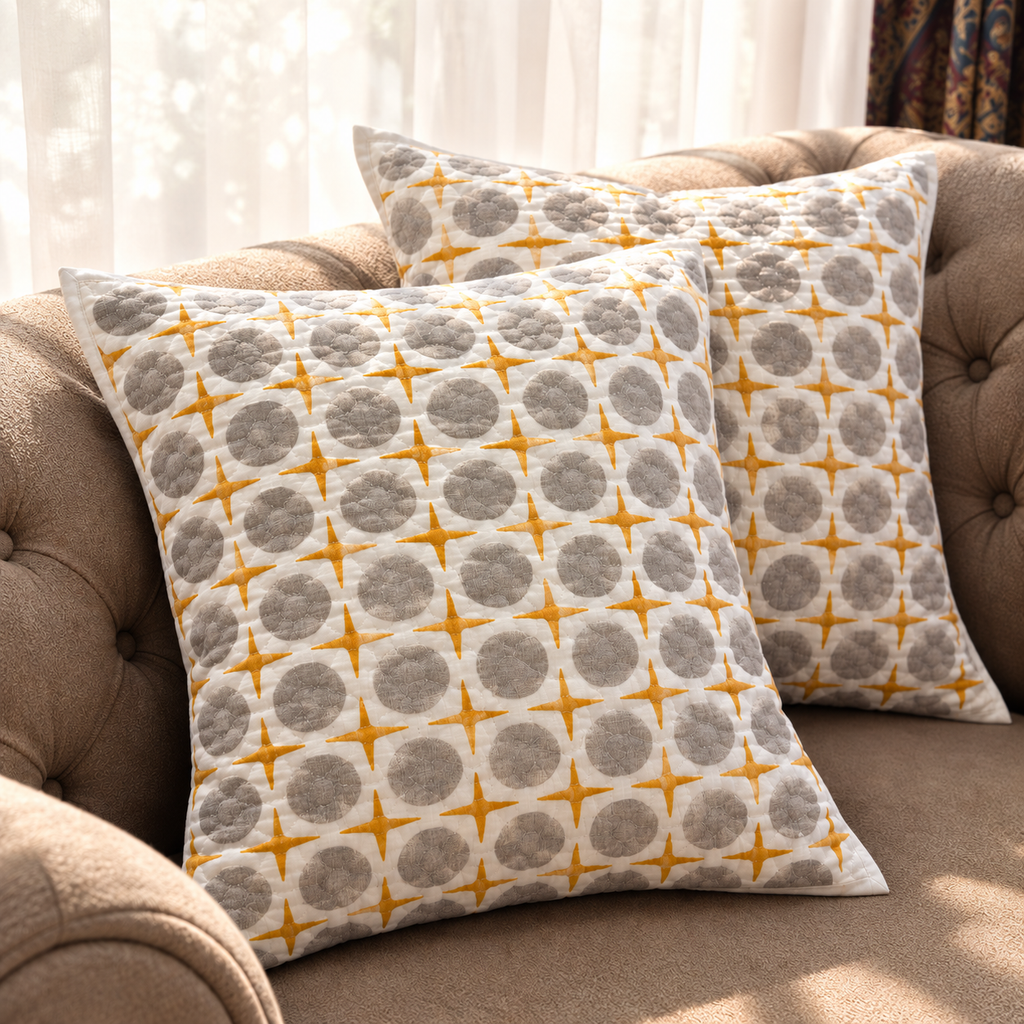 Surkhi Jaipur Hand Block Print Cotton Cushion Cover – Mustard Grey Geometric, Set of 2