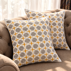 Surkhi Jaipur Hand Block Print Cotton Cushion Cover – Mustard Grey Geometric, Set of 2