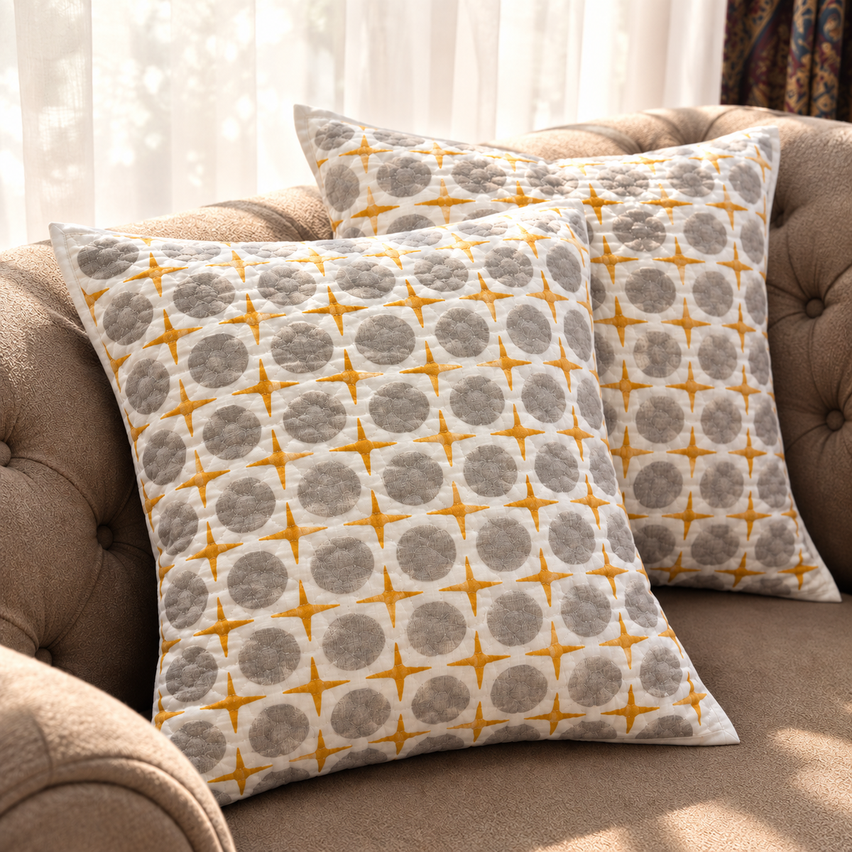 Surkhi Jaipur Hand Block Print Cotton Cushion Cover – Mustard Grey Geometric, Set of 2