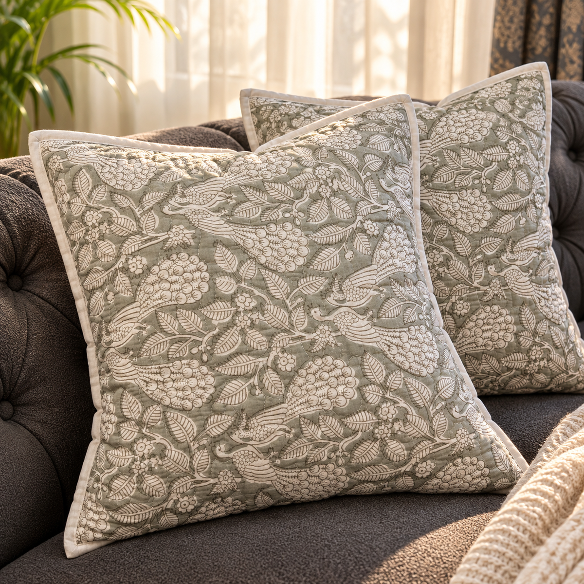 Surkhi Jaipur Floral Bird Print Cotton Cushion Cover – Sage Grey