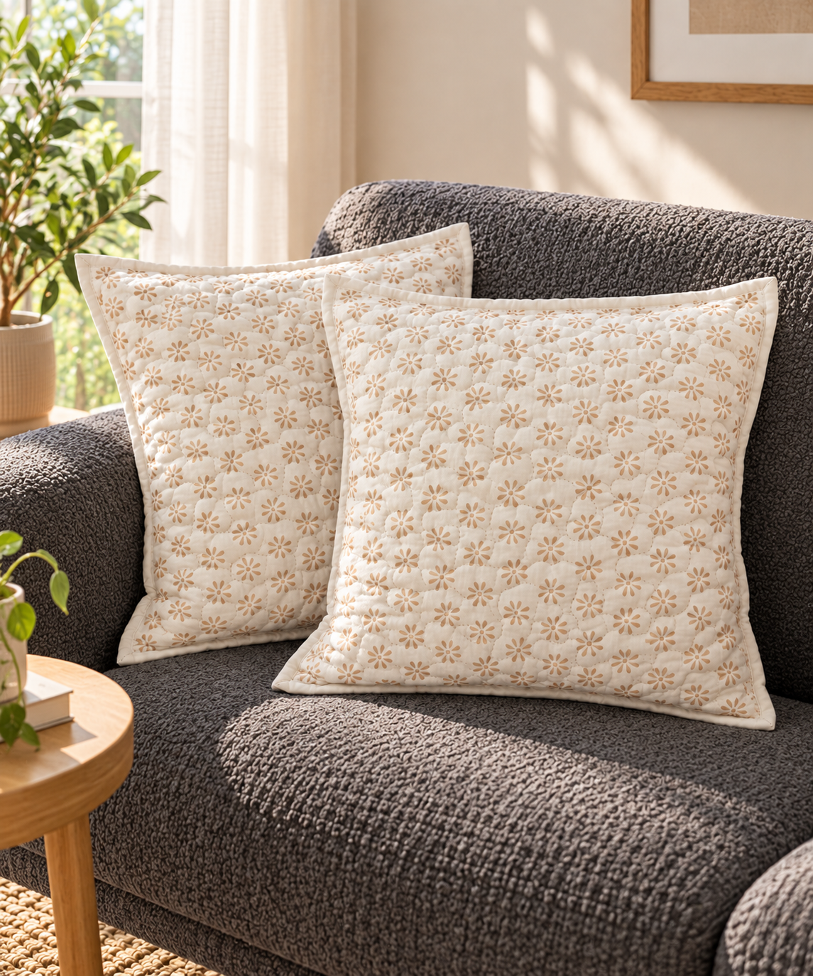 Surkhi Jaipur Hand Block Printed Cotton Cushion Cover – Ivory Beige Floral, Set of 2