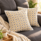 Surkhi Jaipur Hand Block Print Cotton Cushion Cover – Mustard Grey Geometric, Set of 2