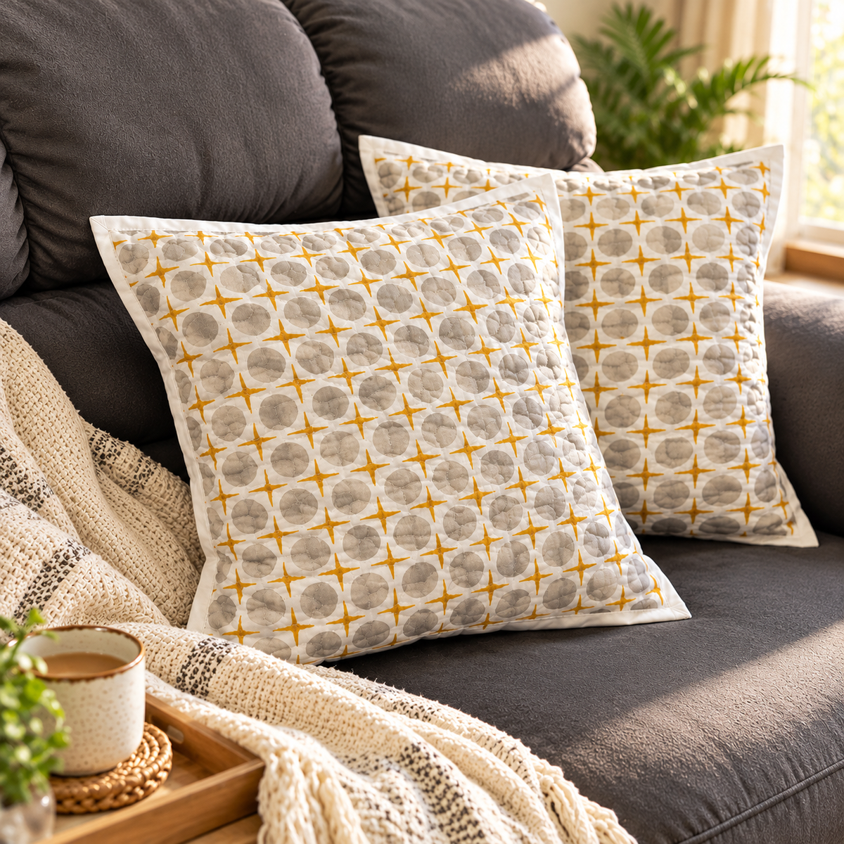 Surkhi Jaipur Hand Block Print Cotton Cushion Cover – Mustard Grey Geometric, Set of 2