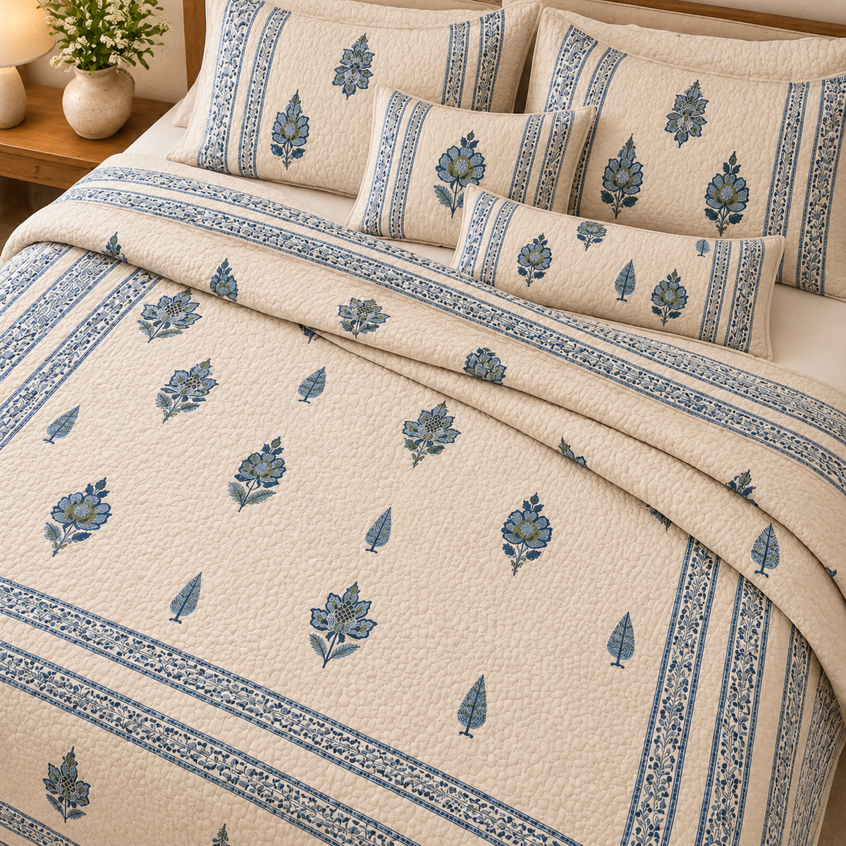 Surkhi Jaipur Hand Block Print Cotton Quilt – Ivory Blue Floral, King