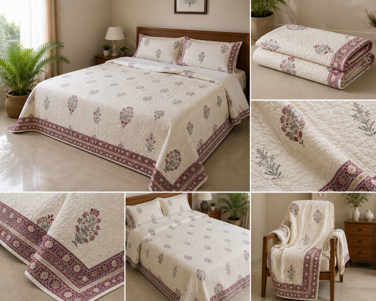 Surkhi Jaipur Hand Block Print Cotton Rajai – Ivory Maroon Floral, King