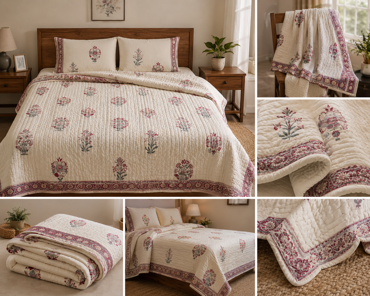 Surkhi Jaipur Hand Block Print Cotton Rajai – Ivory Maroon Floral, King