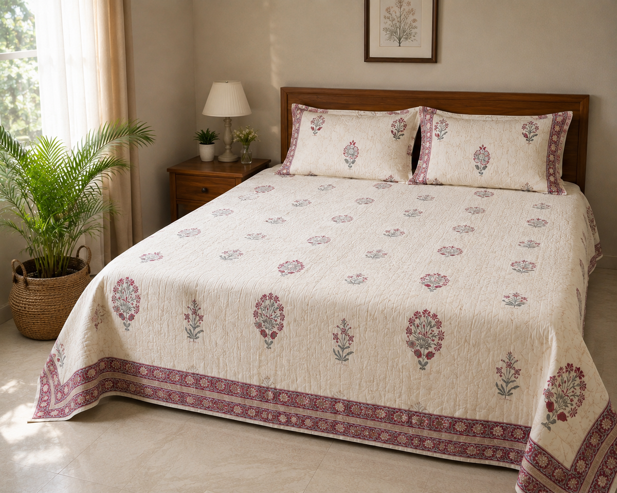 Surkhi Jaipur Hand Block Print Cotton Rajai – Ivory Maroon Floral, King