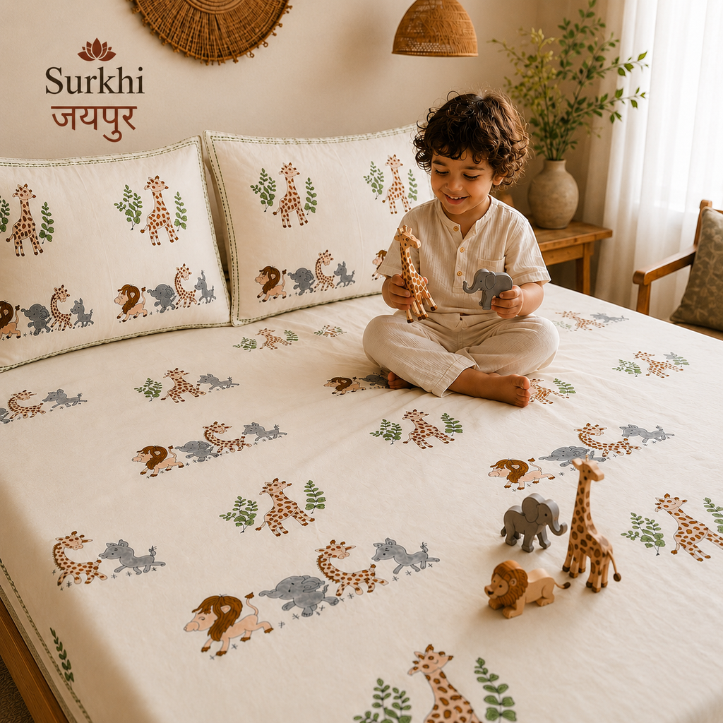 Surkhi Jaipur Safari Trails Kids Cotton Bedsheet Set – King