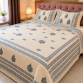 Surkhi Jaipur Hand Block Print Cotton Quilt – Ivory Blue Floral, King