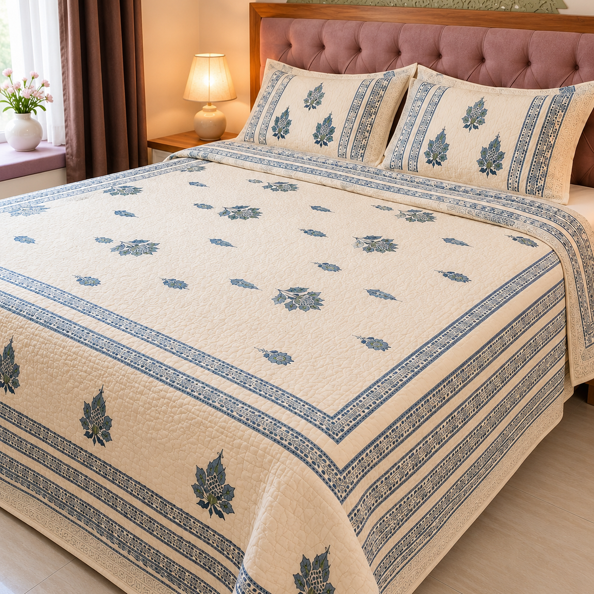 Surkhi Jaipur Hand Block Print Cotton Quilt – Ivory Blue Floral, King