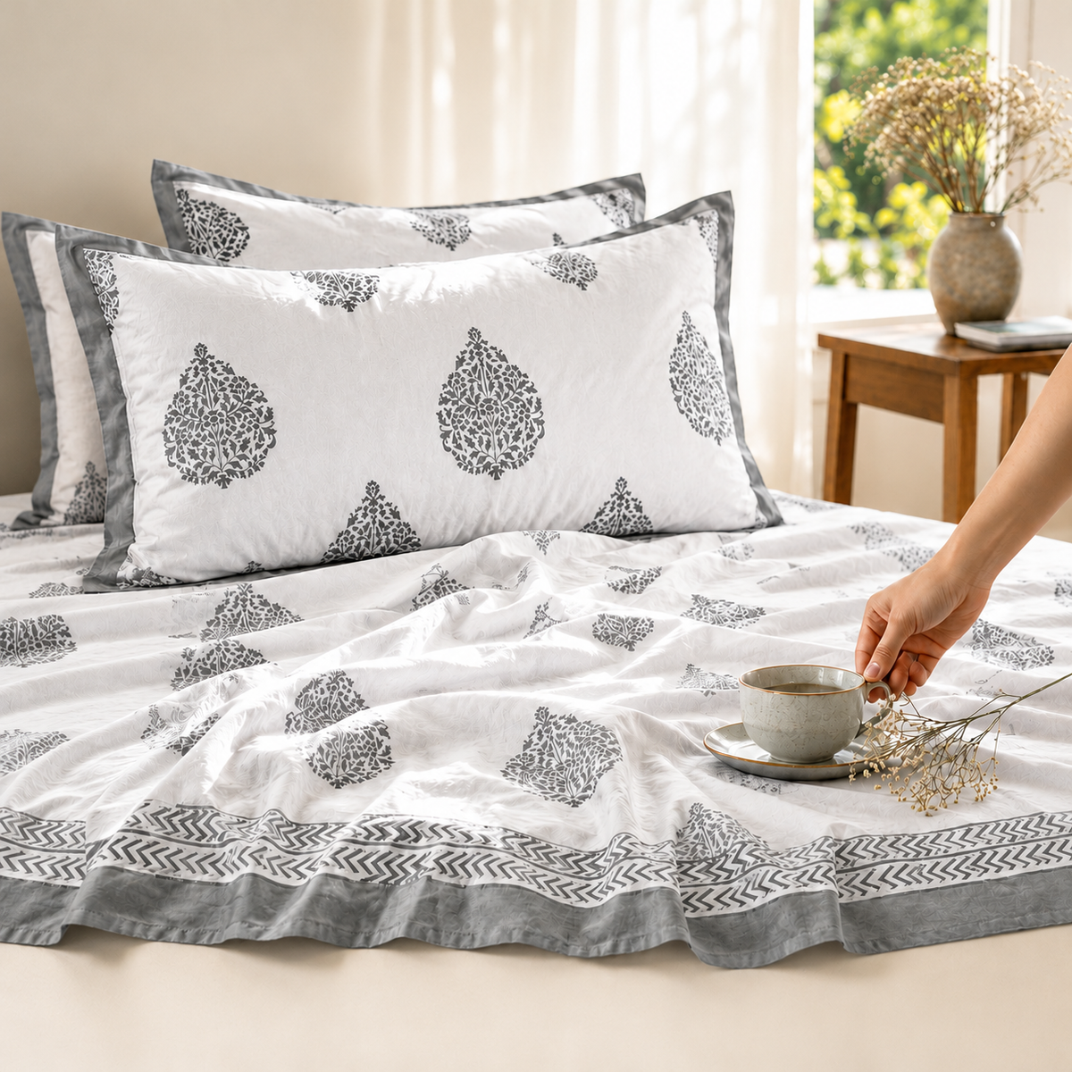 Surkhi Jaipur Hand Block Print Paisley Ash Cotton Bedsheet – King
