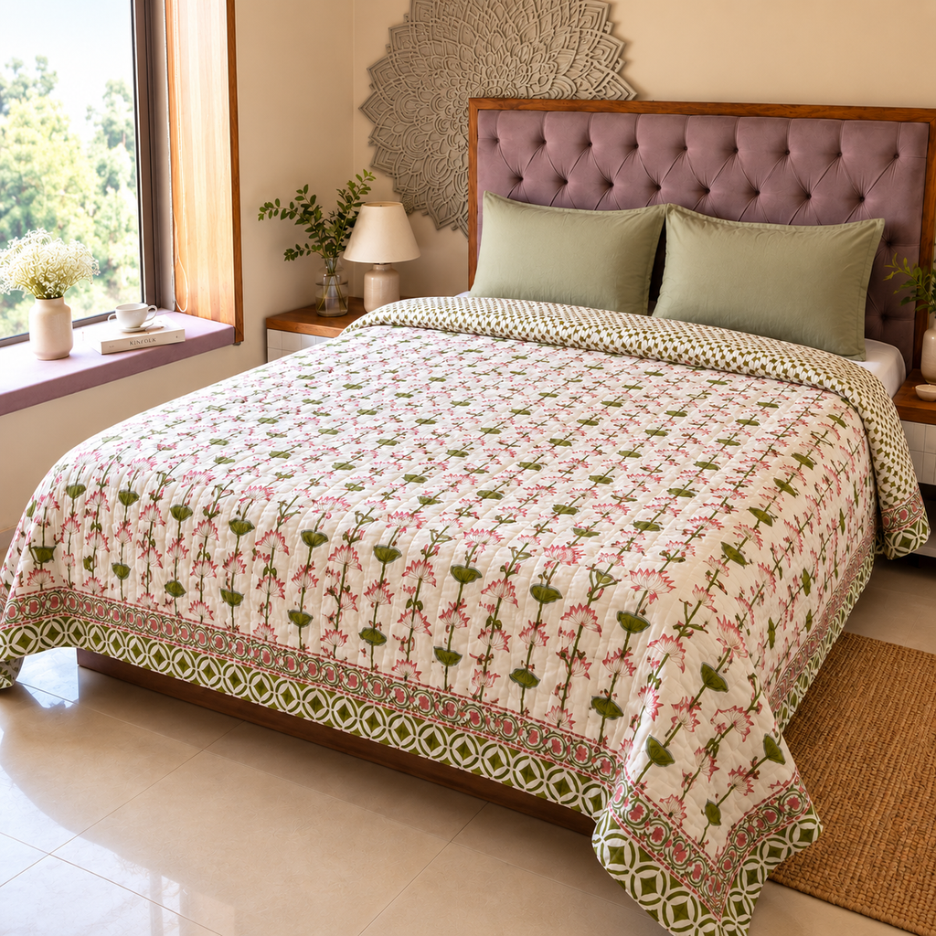 Surkhi Jaipur Hand Block Print Cotton Rajai – Pink Lotus Floral, King