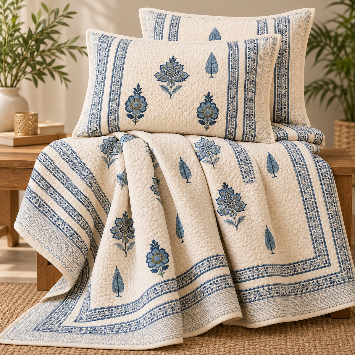 Surkhi Jaipur Hand Block Print Cotton Quilt – Ivory Blue Floral, King