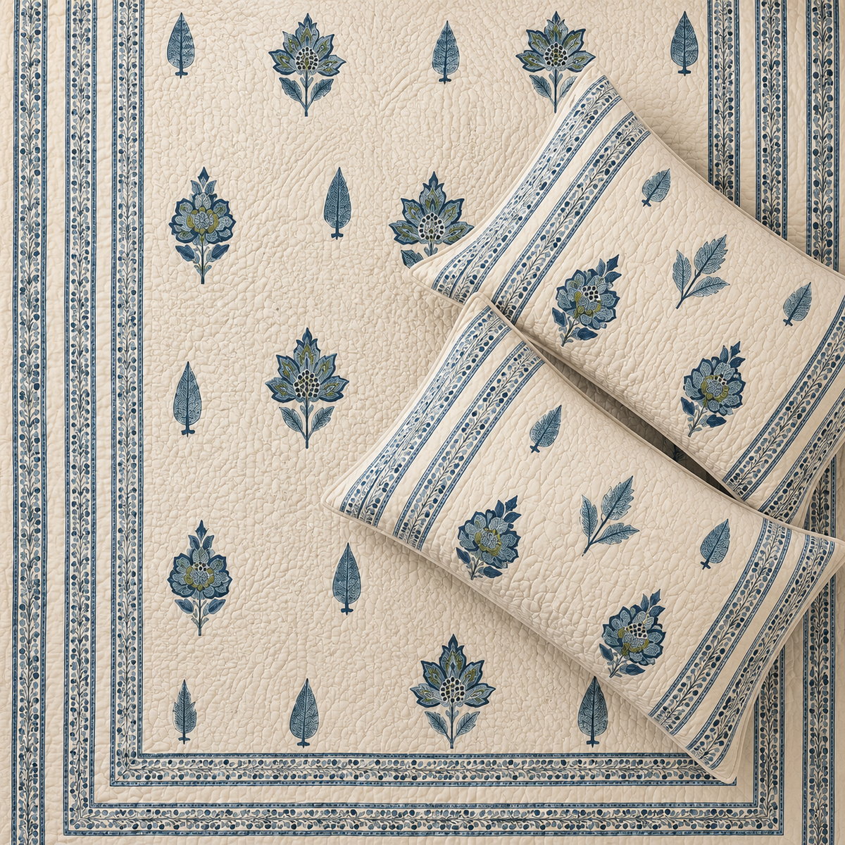Surkhi Jaipur Hand Block Print Cotton Quilt – Ivory Blue Floral, King