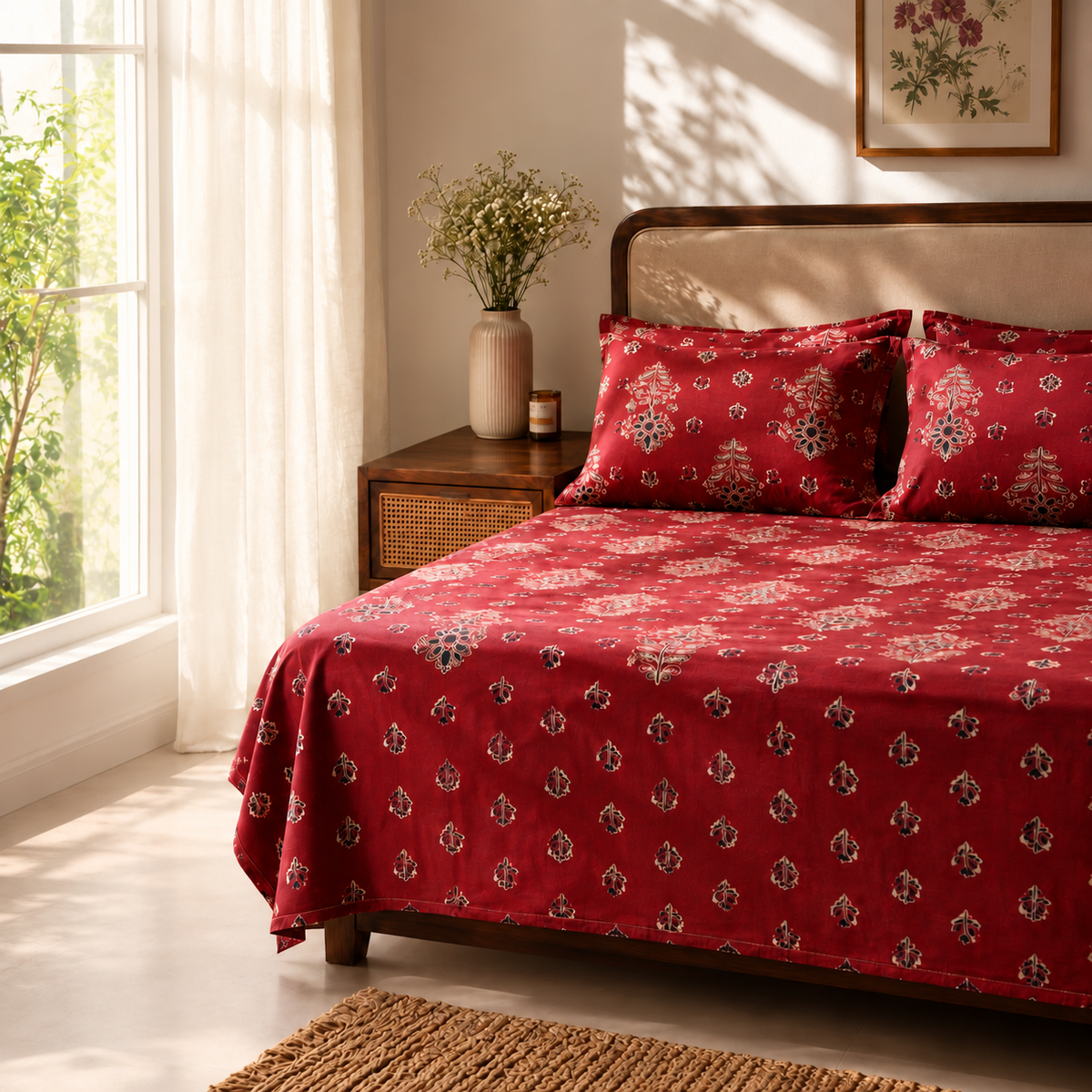 Surkhi Jaipur Screen Print Cotton Bedsheet – Maroon Floral Booti, King