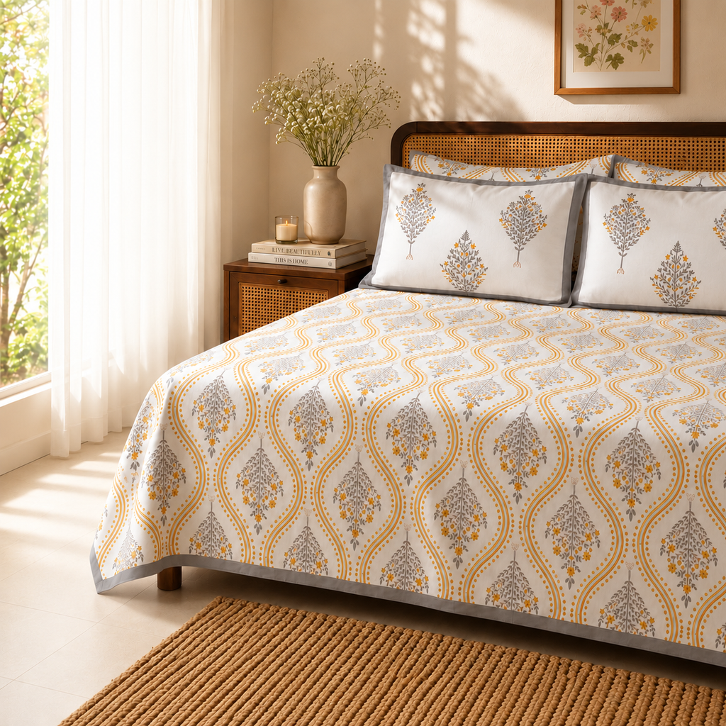 Surkhi Jaipur Hand Block Print Cotton Bedsheet – Mustard Floral Trellis, King