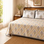 Surkhi Jaipur Hand Block Print Cotton Bedsheet – Mustard Floral Trellis, King