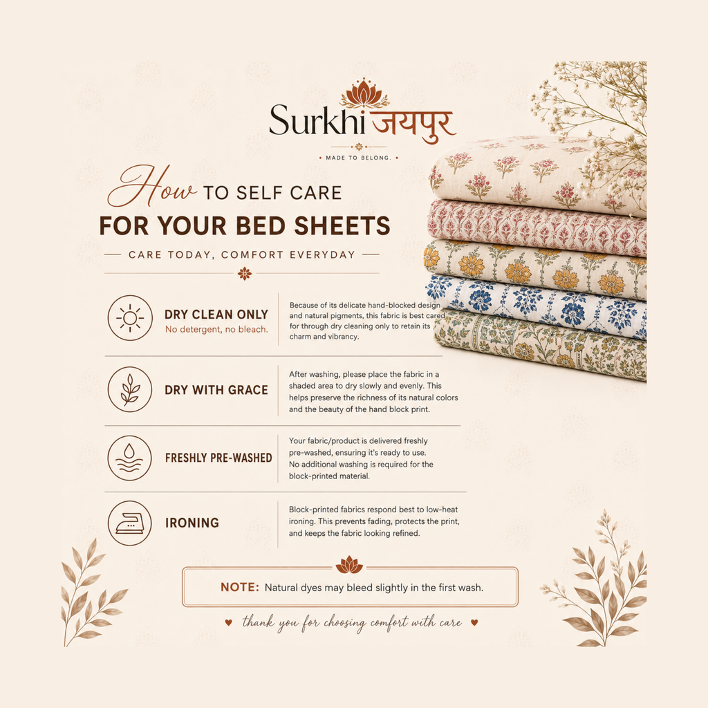 Surkhi Jaipur Hand Block Print Cotton Bedsheet – Ivory Floral, King (108x108 in)