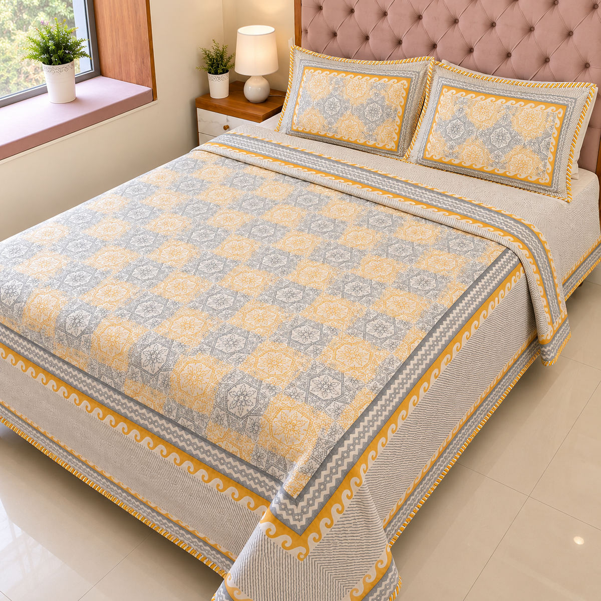 Yellow & Grey Moroccan Trellis AC Quilt Set — King 108x108