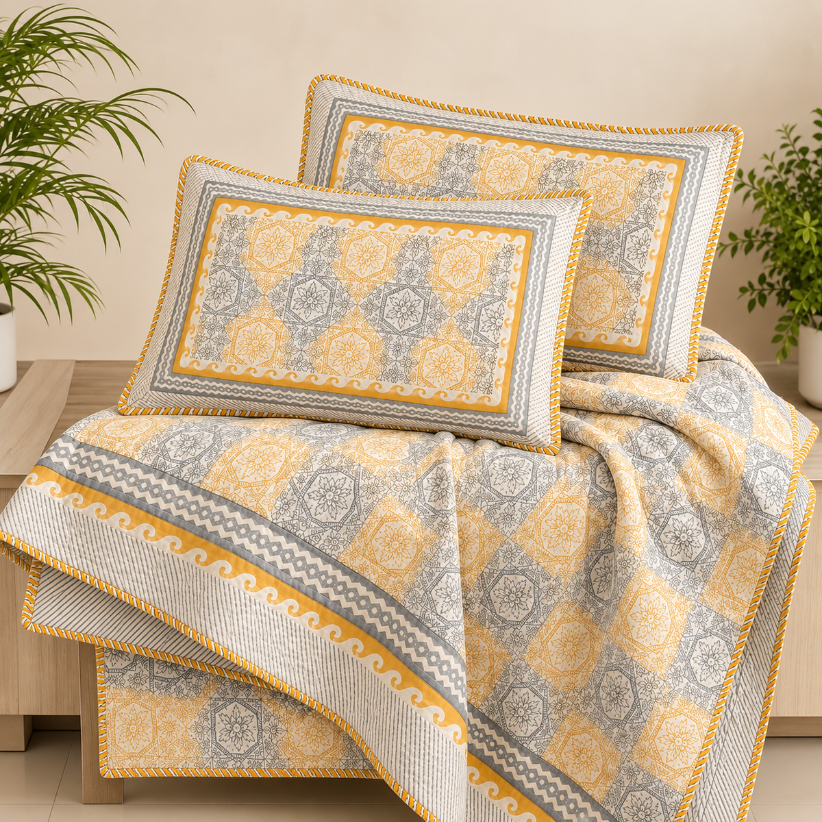 Yellow & Grey Moroccan Trellis AC Quilt Set — King 108x108