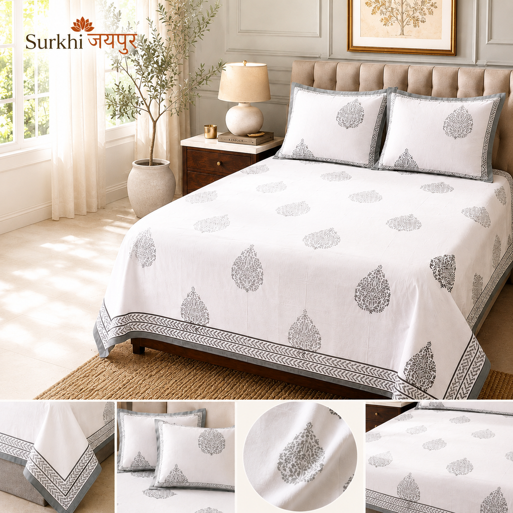 Surkhi Jaipur Hand Block Print Paisley Ash Cotton Bedsheet – King