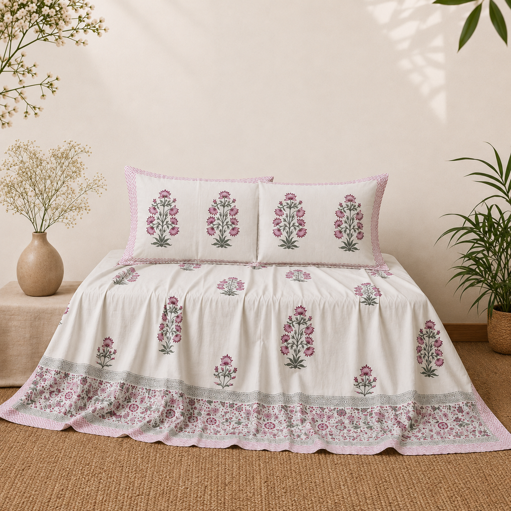 Surkhi Jaipur Hand Block Print Gulabi Bloom Cotton Bedsheet – King