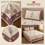 Surkhi Jaipur Hand Block Print Cotton Bedsheet – Ivory Floral, King (108x108 in)