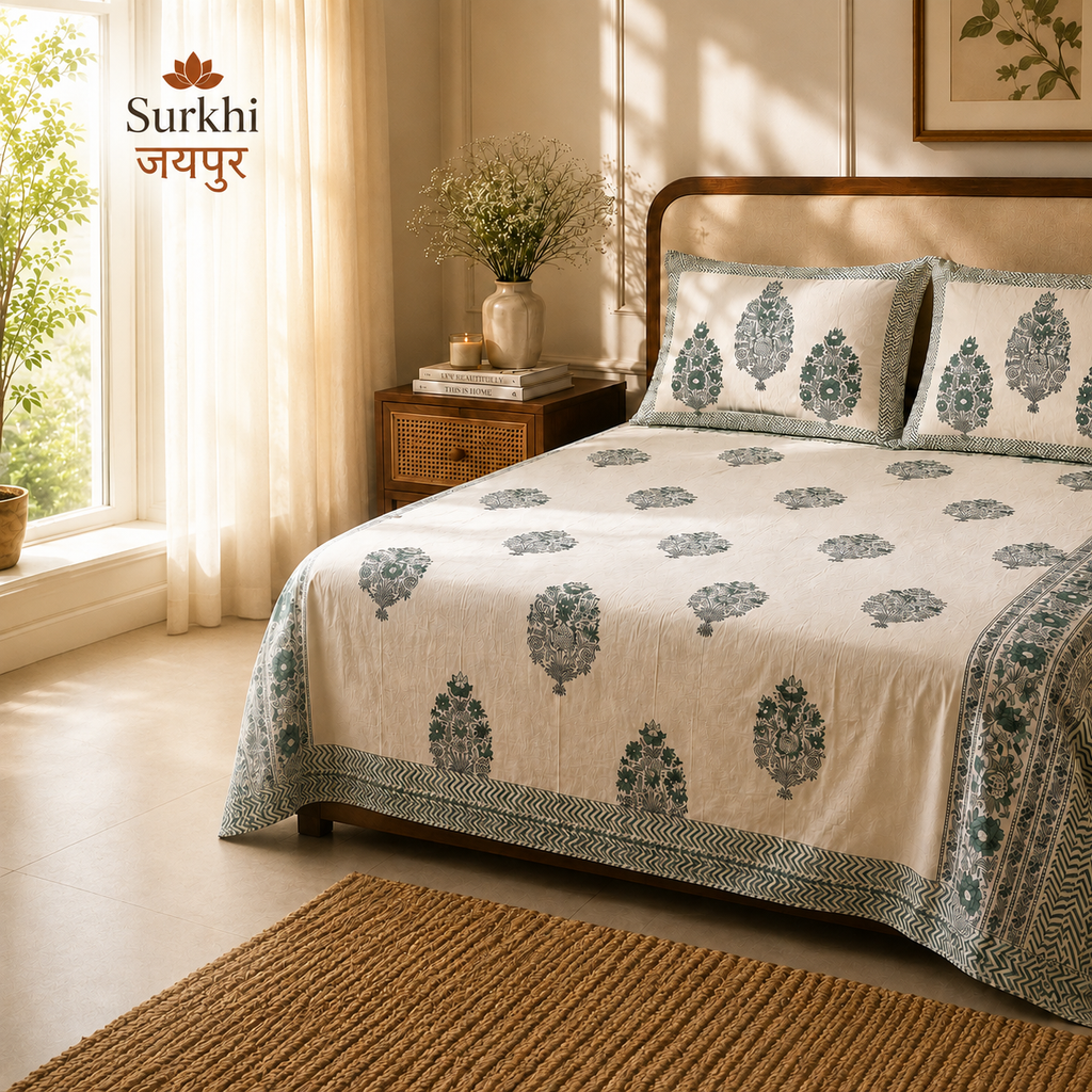 Surkhi Jaipur Hand Block Print Bageecha Bloom Cotton Bedsheet – King