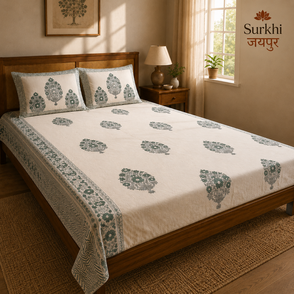 Surkhi Jaipur Hand Block Print Bageecha Bloom Cotton Bedsheet – King