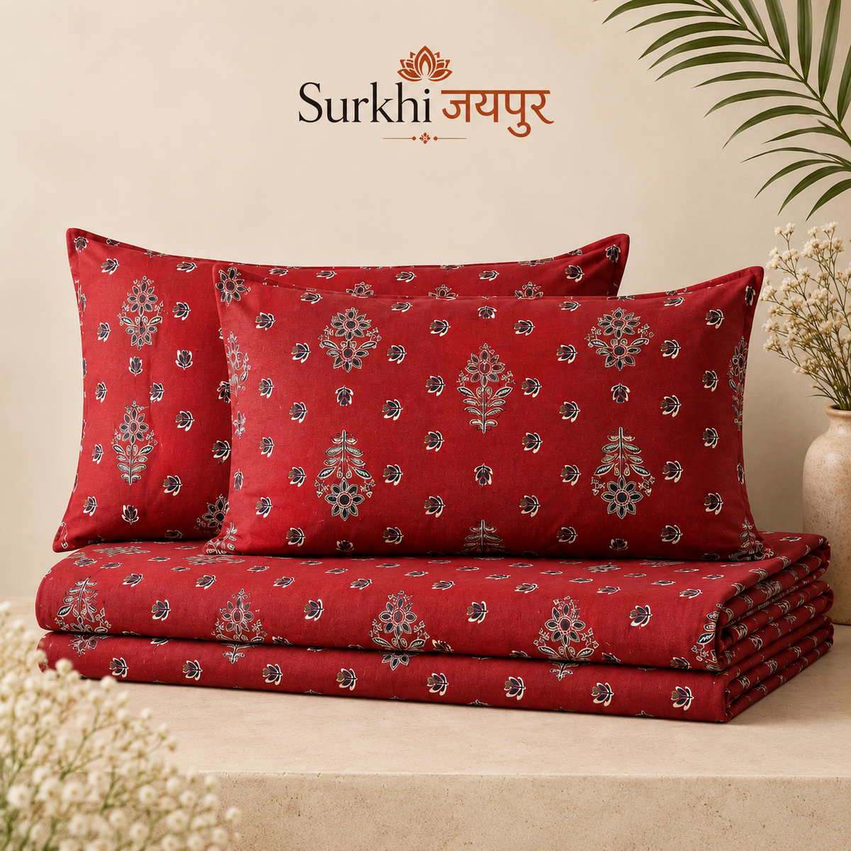 Surkhi Jaipur Screen Print Cotton Bedsheet – Maroon Floral Booti, King