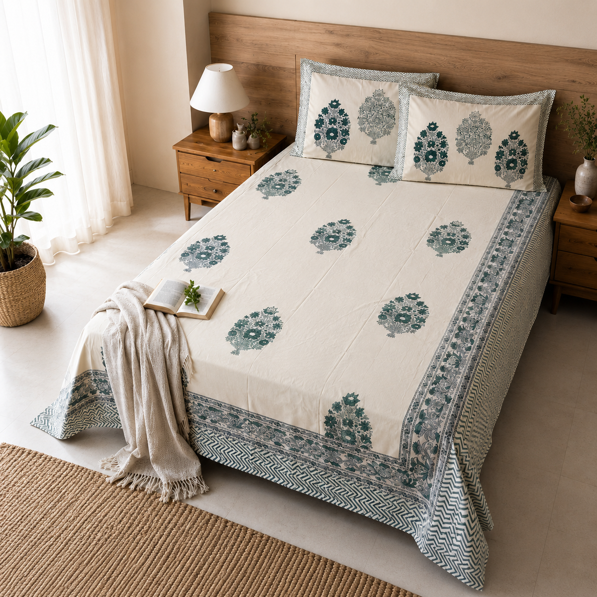 Surkhi Jaipur Hand Block Print Bageecha Bloom Cotton Bedsheet – King