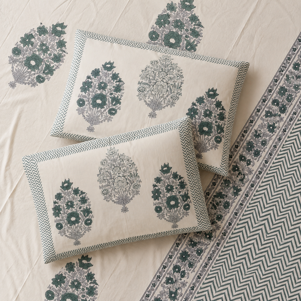 Surkhi Jaipur Hand Block Print Bageecha Bloom Cotton Bedsheet – King