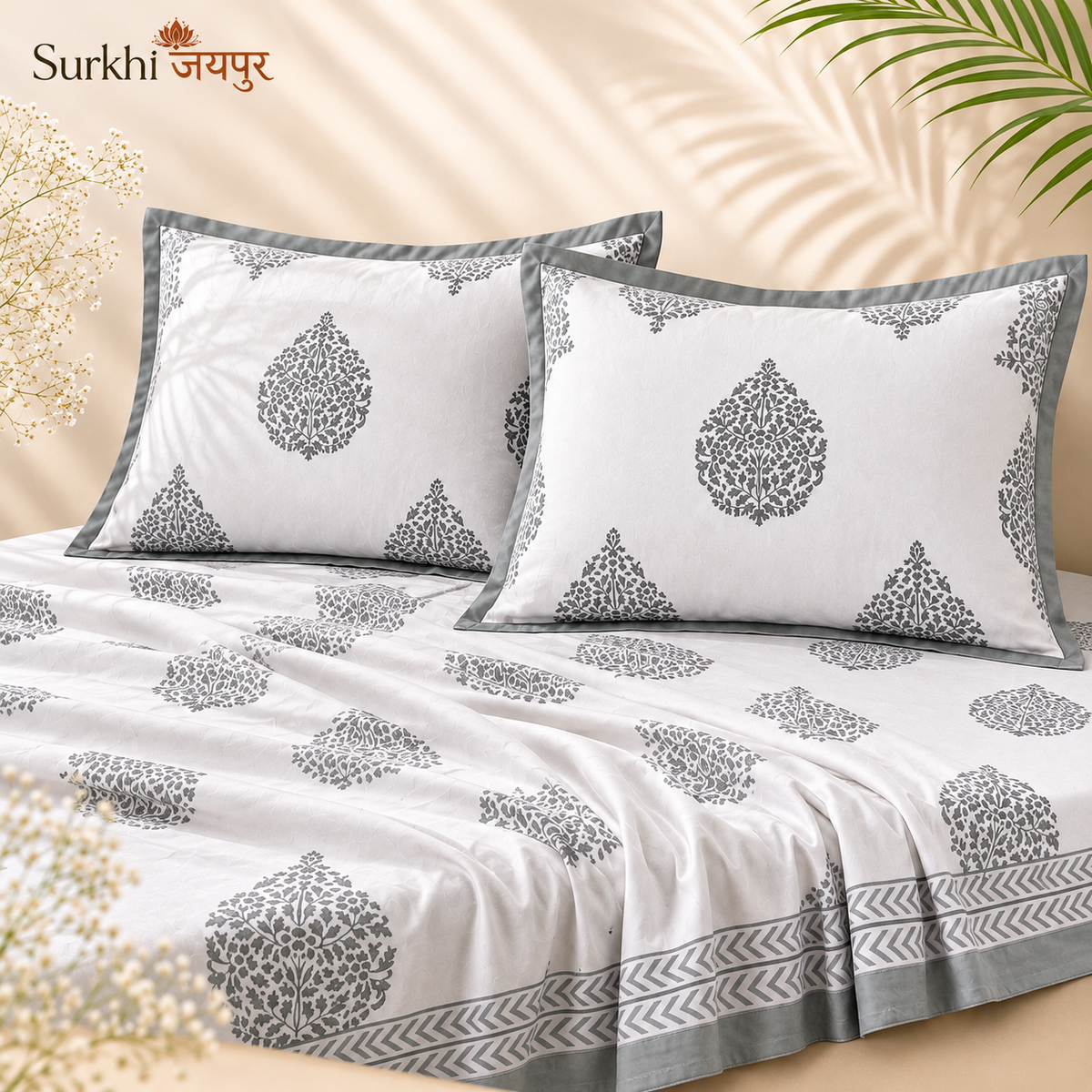 Surkhi Jaipur Hand Block Print Paisley Ash Cotton Bedsheet – King