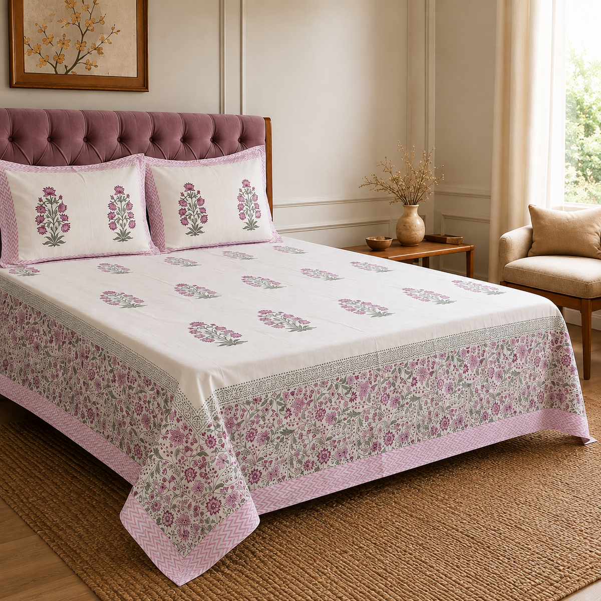 Surkhi Jaipur Hand Block Print Gulabi Bloom Cotton Bedsheet – King