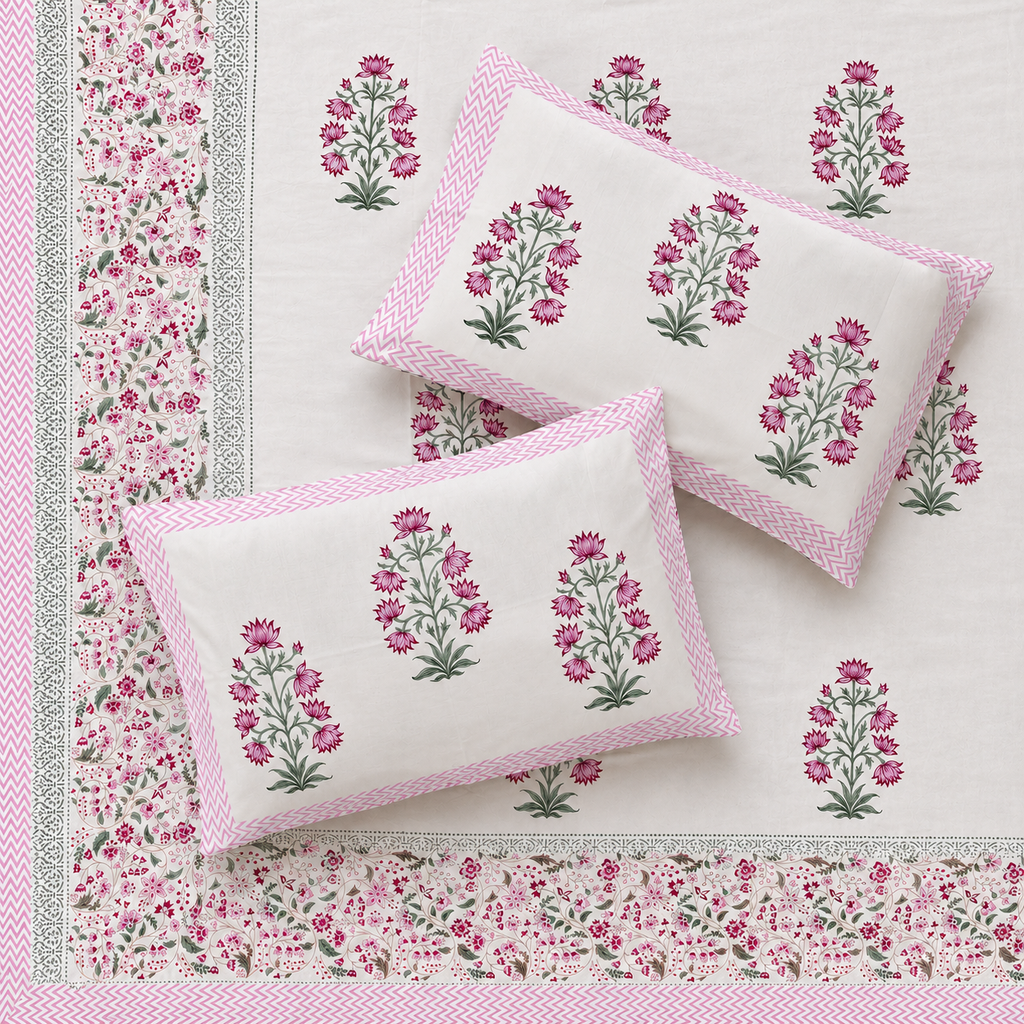 Surkhi Jaipur Hand Block Print Gulabi Bloom Cotton Bedsheet – King