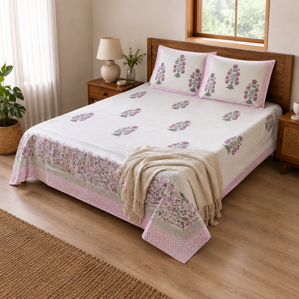 Surkhi Jaipur Hand Block Print Gulabi Bloom Cotton Bedsheet – King
