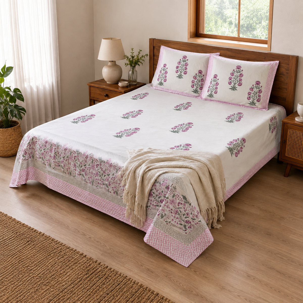Surkhi Jaipur Hand Block Print Gulabi Bloom Cotton Bedsheet – King