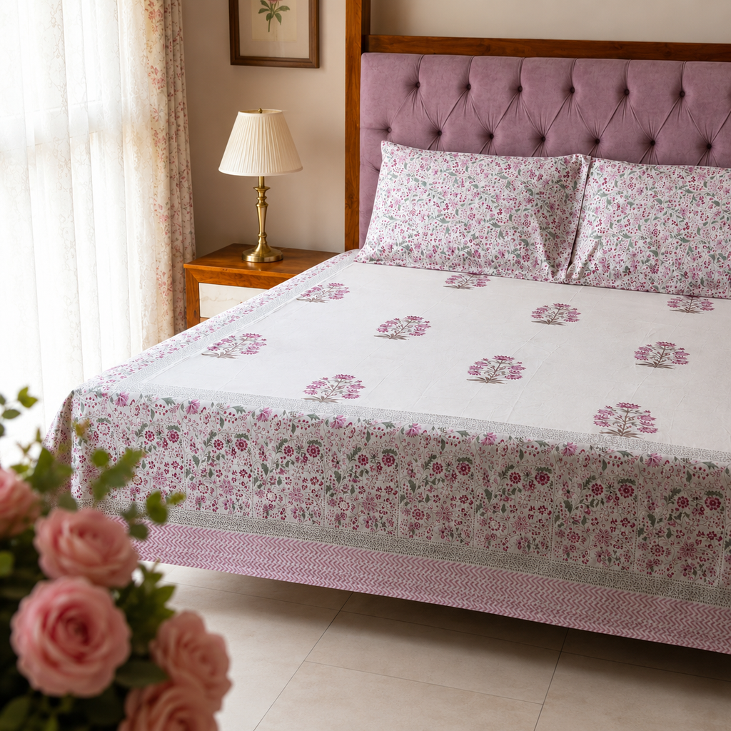 Surkhi Jaipur Hand Block Print Gulabi Bloom Cotton Bedsheet – King