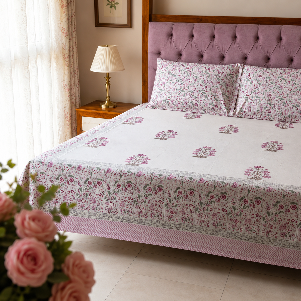 Surkhi Jaipur Hand Block Print Gulabi Bloom Cotton Bedsheet – King