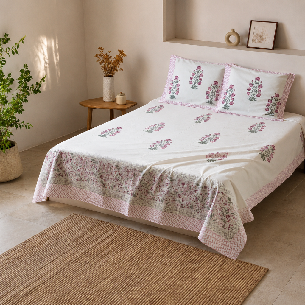 Surkhi Jaipur Hand Block Print Gulabi Bloom Cotton Bedsheet – King