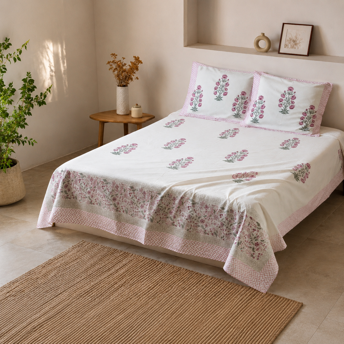 Surkhi Jaipur Hand Block Print Gulabi Bloom Cotton Bedsheet – King